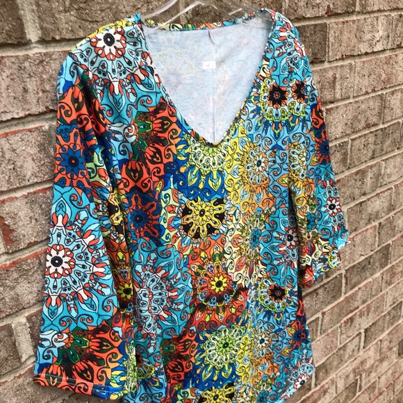 Mandala/Stained Glass Print V Neck Tunic/Mini Dress Multicolor Boho | M / L - Picture 3 of 10